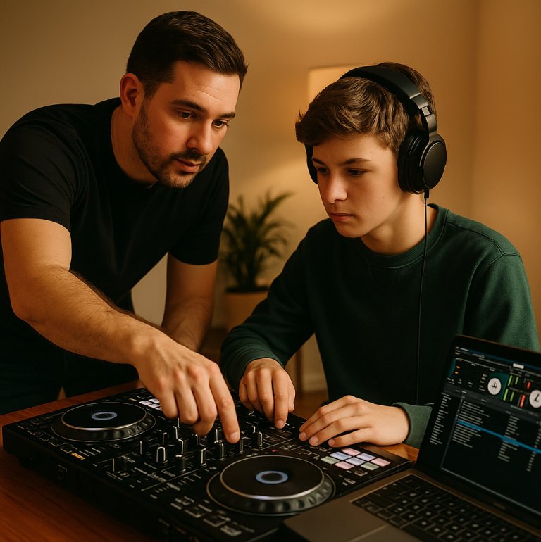 Teen Kid receiving dj lessons alongside instructor.