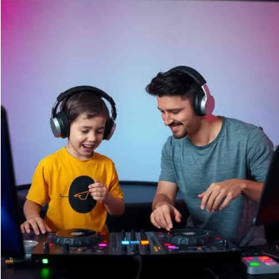 Kid receiving dj lessons from instructor.