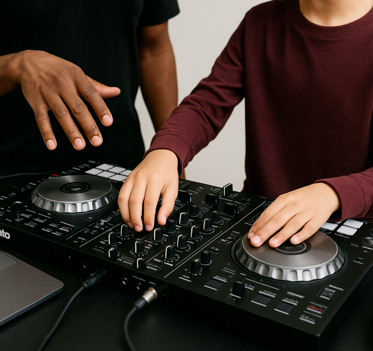DJ Lessons A person and a child use a DJ mixer together.