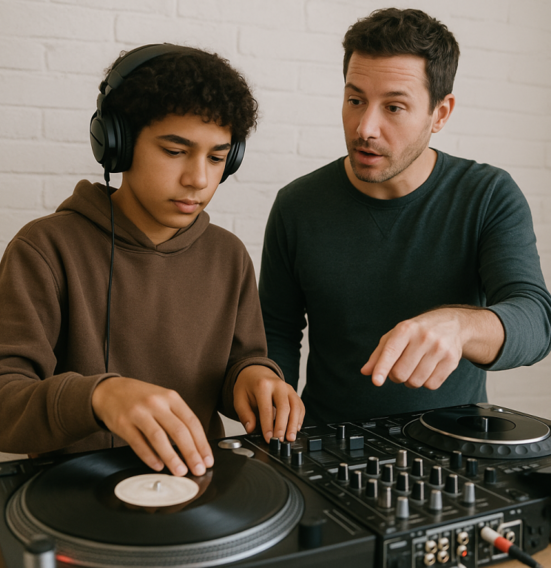 A young DJ learning to mix with a mentor at a turntable setup.