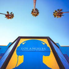 Silhouette of a person wearing headphones against a blue wall, framed by palm trees.