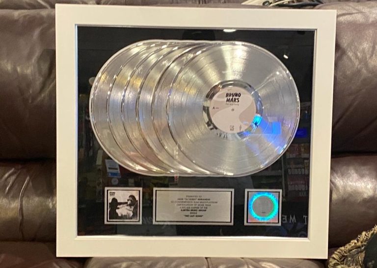 RIAA 7x Platinum plaque for Bruno Mars' The Lazy Song, awarded to SpinRight Academy founder and DJ instructor Jash Negandhi
