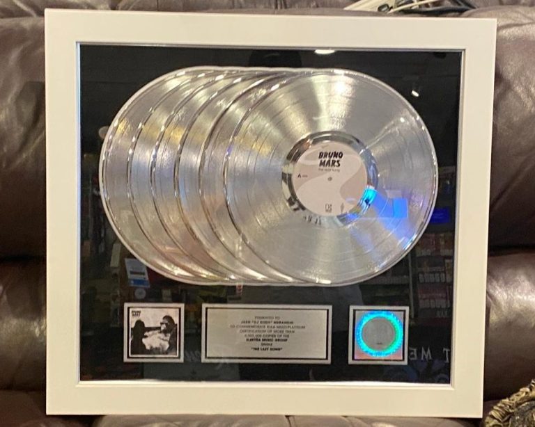 Framed display featuring multiple platinum record awards and a plaque.