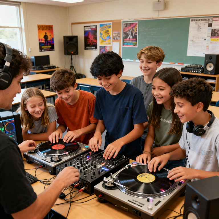 DJ Lessons A group of six kids engaging in a music mixing session with turntables.