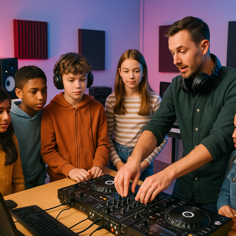 DJ Lessons A man and a boy in headphones enjoying music while using DJ equipment.